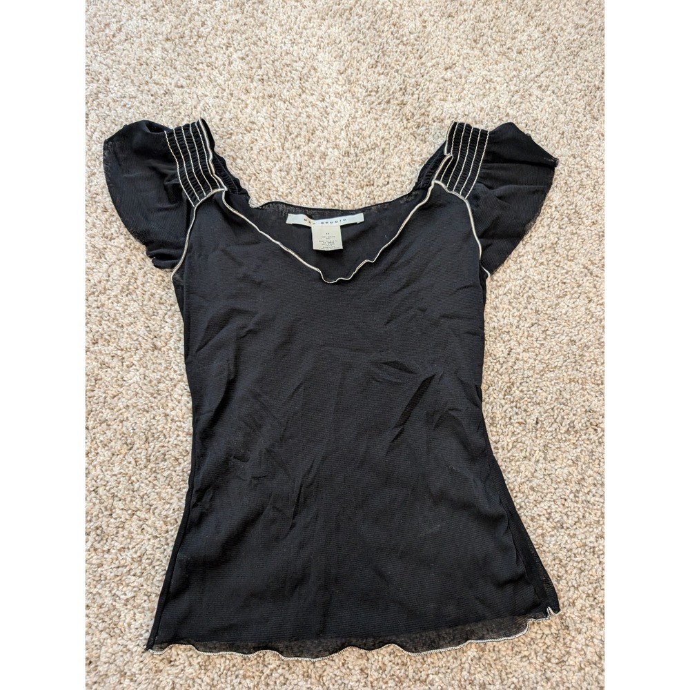 Max Studio Black Sheer Mesh Flutter Sleeve V-Neck Top Lettuce Edge 6701J71 XS